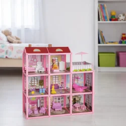 Stort dukkehus med m�bler i 3 etager og terrasse i b�rnev�relse