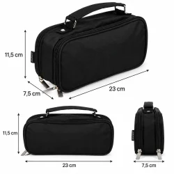 Sort penalhus med m�ltegninger, der viser l�ngde p� 23 cm, h�jde p� 11,5 cm og bredde p� 7,5 cm.