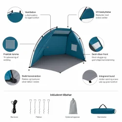Strandtelt med UV-beskyttelse til b�rn infografik med funktioner og medf�lgende tilbeh�r