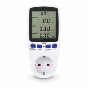 Str�mm�ler til stikkontakt med digitalt LCD display og kWh m�ling p� hvid baggrund