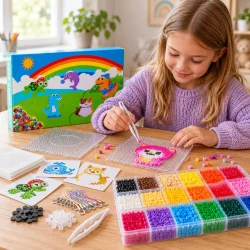 Barn laver motiv med strygeperler p� en perleplade med pincet, mens perler, m�nstre og s�ttets tilbeh�r ligger p� bordet.