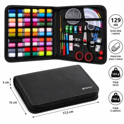 Sys�t med �bent og lukket etui, m�l p� 17,5 x 12 x 3 cm samt oplysninger om antal dele, materiale og v�gt.