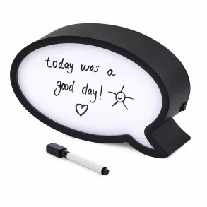 Taleboble LED lampe med skrivbar besked p� hvid baggrund med pen