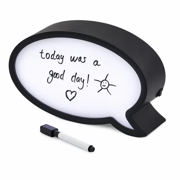 Taleboble LED lampe med skrivbar besked p� hvid baggrund med pen