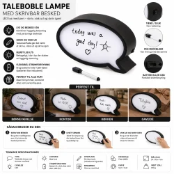 Taleboble LED lampe med skrivbar besked infografik med funktioner