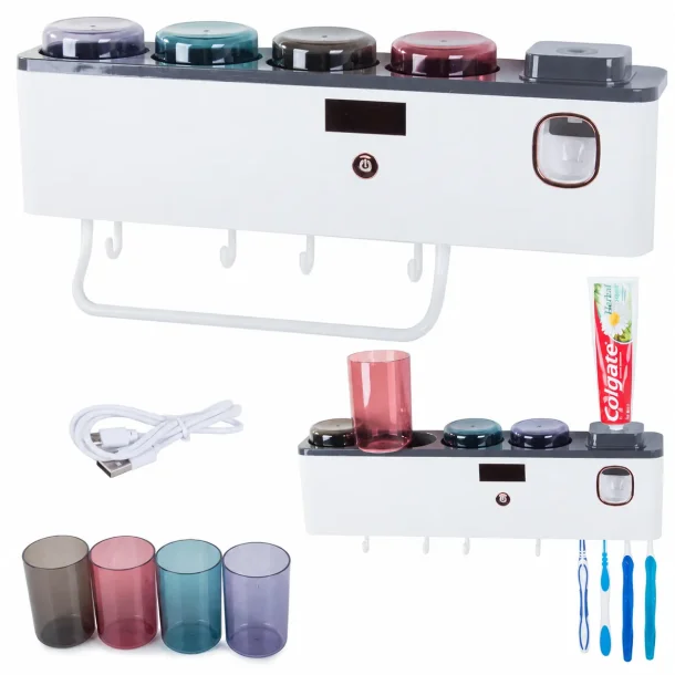 Tandb�rsteholder med UV-sterilisering og tandpastadispenser vist som komplet produkt med 4 krus, USB-opladning og praktisk opbevaring til hele familien
