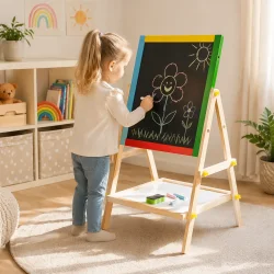 Tavle til b�rn dobbeltsidet med kridt og whiteboard i brug p� b�rnev�relse