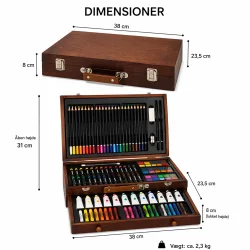 Tegne- og males�t i tr�kuffert 129 dele til b�rn med m�l og dimensioner