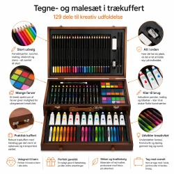 Tegne- og males�t i tr�kuffert 129 dele til b�rn med oversigt over funktioner