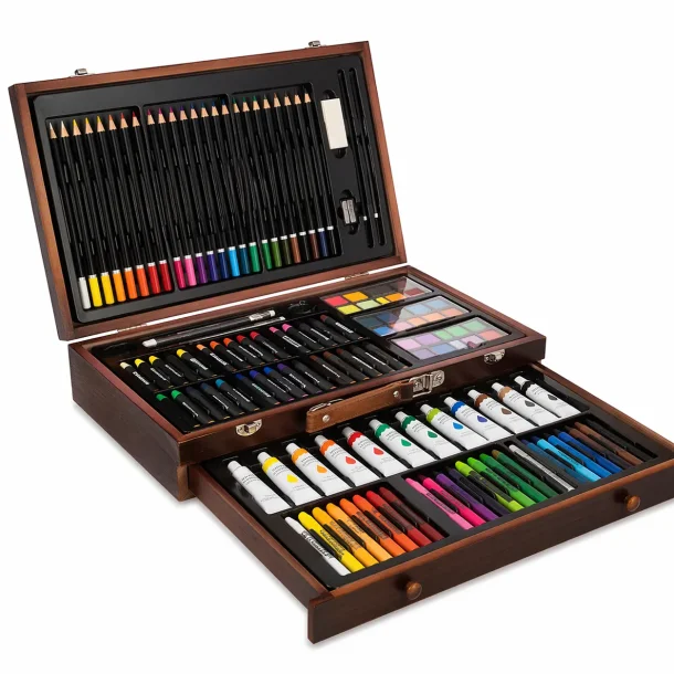 Tegne- og males�t i tr�kuffert 129 dele til b�rn p� hvid baggrund