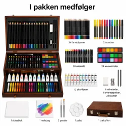Tegne- og males�t i tr�kuffert 129 dele til b�rn med indhold i pakken