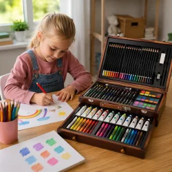 Tegne- og males�t i tr�kuffert 129 dele til b�rn brugt til kreativ tegning ved bord