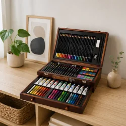 Tegne- og males�t i tr�kuffert 129 dele til b�rn placeret i moderne hjemmemilj�