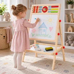 Barn tegner p� whiteboard-siden af en st�ende tegnetavle til b�rn i tr�