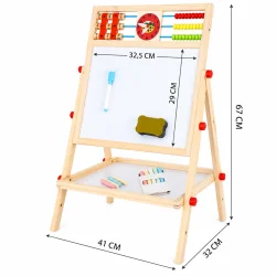 Tegnetavle til b�rn med angivne m�l p� 67 cm i h�jden, 41 cm i bredden og 32 cm i dybden
