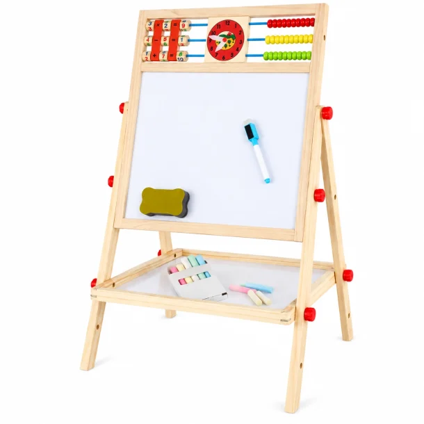 Tegnetavle til b�rn i tr� med whiteboard, kugleramme, l�ringsur og regnefunktioner