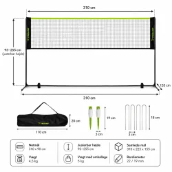 Tennis net dimensionsgrafik med m�l og tekniske detaljer p� justerbart sportsnet