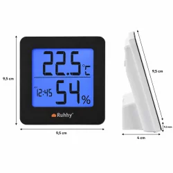 Digitalt termometer og hygrometer med m�l p� 9,5 x 9,5 cm og bordst�tte
