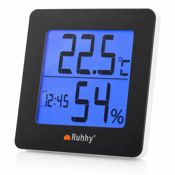 Digitalt indend�rs termometer og hygrometer med bl�t display til temperatur og luftfugtighed