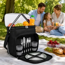 Termotaske brugt til picnic i park med mad, drikke og picnicudstyr til familieudflugt
