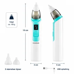 Dimensionsgrafik af elektrisk n�seaspirator til baby med m�l, USB opladning og dyser