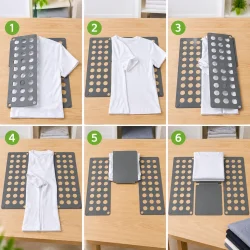 T�jfoldebr�t demonstrerer trinvis foldning af en hvid T-shirt med de bev�gelige foldeplader.