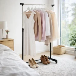 t�jstativ med hjul i sovev�relse med t�j p� b�jlestang og naturligt lys