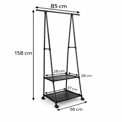 T�jstativ med hylder og hjul i sort metal med m�l og dimensioner