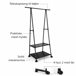 T�jstativ med hylder og hjul i sort metal med funktioner vist