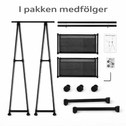 T�jstativ med hylder og hjul i sort metal med alle dele i pakken