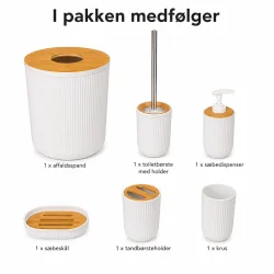 Toilets�t med pakkens indhold best�ende af affaldsspand, toiletb�rste, s�bedispenser, tandb�rsteholder, krus og s�besk�l