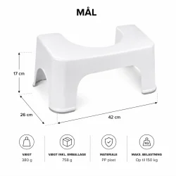 Toiletskammel med m�l og dimensioner 42 x 26 x 17 cm samt specifikationer for v�gt, materiale og maksimal belastning.