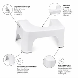 Toiletskammel infografik med ergonomisk design, U-form, skridsikre gummif�dder og robust PP plast til komfortabel brug p� toilettet.