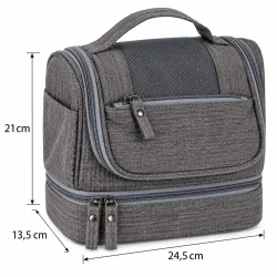 Gr� toilettaske med m�l p� 24,5 cm i bredden, 21 cm i h�jden og 13,5 cm i dybden