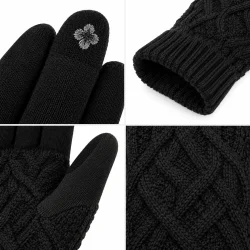 Detaljer af sorte touchscreen-handsker med touchfelt p� finger, ribkant og strikket m�nster.