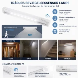Tr�dl�s bev�gelsessensor lampe infografik med funktioner og montering
