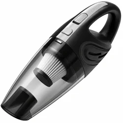 Tr�dl�s bilst�vsuger i sort med transparent st�vbeholder og synligt filter.