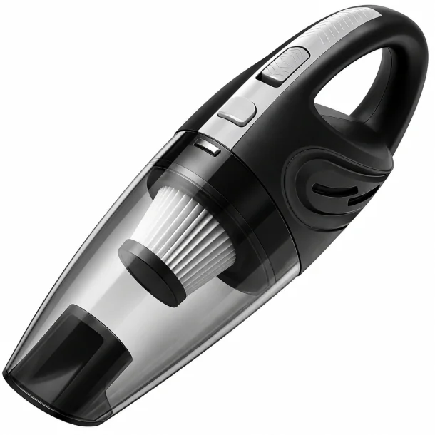 Tr�dl�s bilst�vsuger i sort med transparent st�vbeholder og synligt filter.