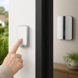 Tr�dl�s d�rklokke uden batteri monteret ved hovedd�r