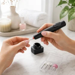 Tr�dl�s elektrisk neglefil i brug til pr�cis neglepleje og manicure derhjemme