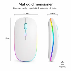 Tr�dl�s mus slim med RGB lys til laptop med m�l og dimensioner vist grafisk