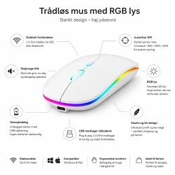 Tr�dl�s mus slim med RGB lys til laptop infografik med funktioner og egenskaber