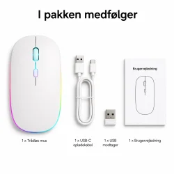 Tr�dl�s mus slim med RGB lys til laptop med tilbeh�r og indhold i pakken