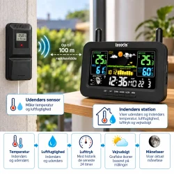 Vejrstation med visning af inde- og udetemperatur, luftfugtighed, vejrudsigt og lufttryk.