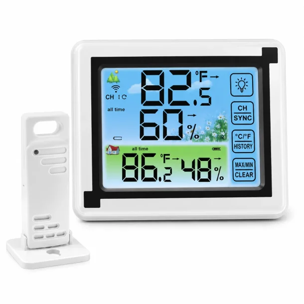 Tr�dl�s vejrstation med inde ude termometer og hygrometer p� hvid baggrund