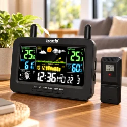 Tr�dl�s vejrstation med udend�rs sensor placeret p� et bord i hjemmet.