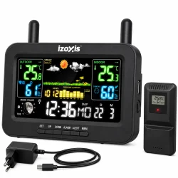 Tr�dl�s vejrstation med farvedisplay, udend�rs sensor og str�mforsyning.