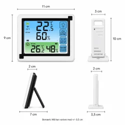 Tr�dl�st termometer med m�l og dimensionsgrafik til vejrstation med sensor