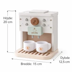 Tr� kaffemaskine leget�j med kopper og kapsler med m�l og dimensioner vist