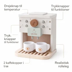 Tr� kaffemaskine leget�j med kopper og kapsler med funktioner og tilbeh�r forklaret